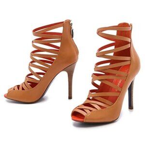 Rebecca Minkoff High Heel Size 7.5 Tan Strappy  Sandals With Back Zippers & Op